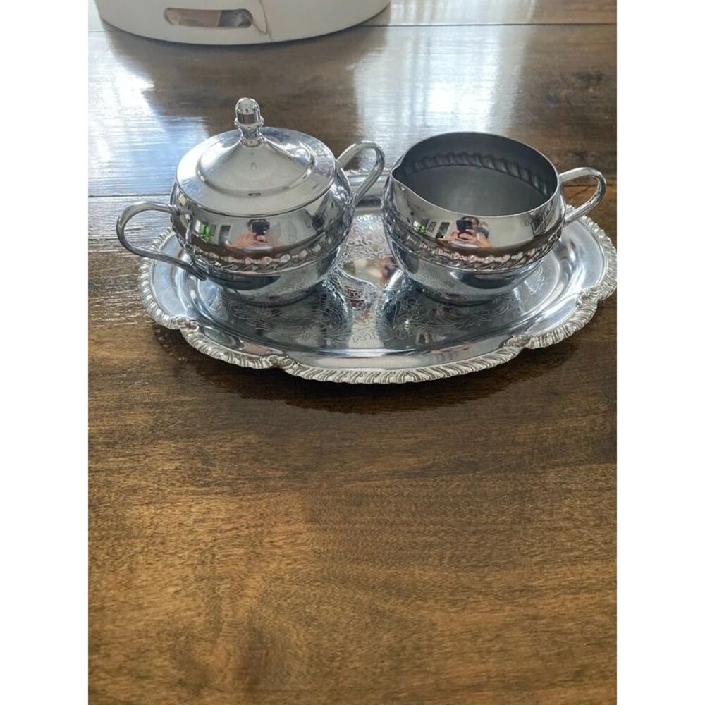 Irvinware Made In U.S.A. Sugar and Milk Cups and Plate Tray Stainless Steel Set